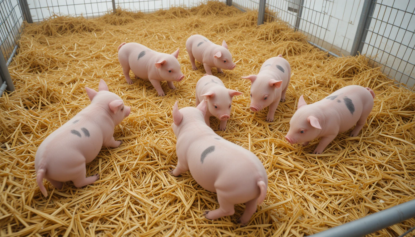 Six pink piglets resting and exploring in a straw pen