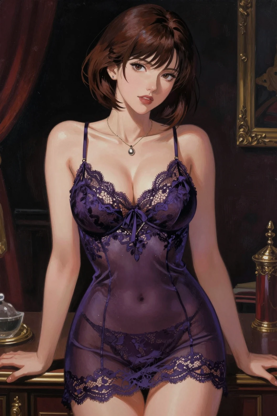 Curvy woman in purple lace nightie facing the viewer