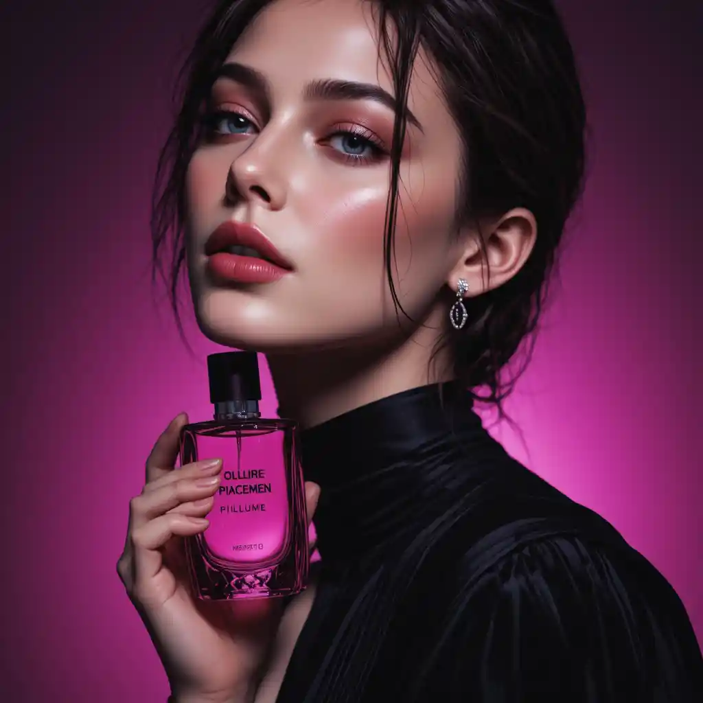 Fashion model with magenta perfume in silhouette close up