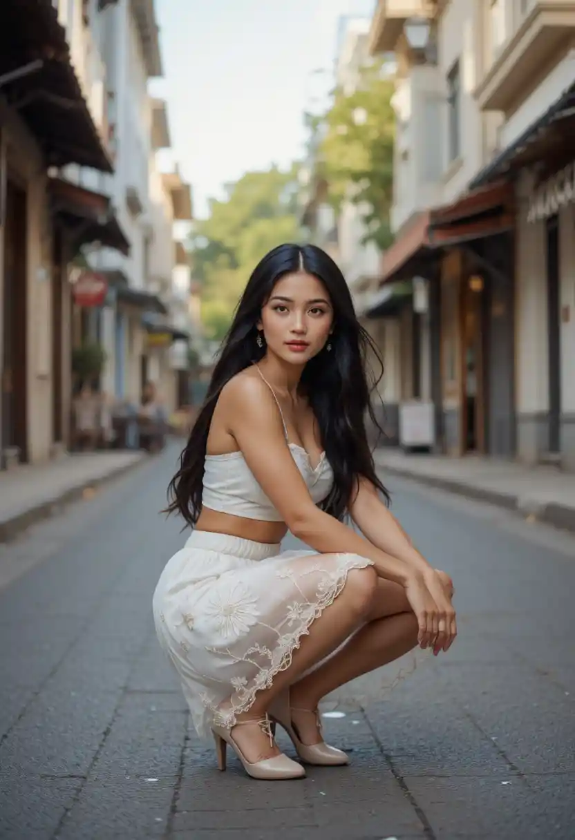 Latina woman squatting on a city street in white skirt