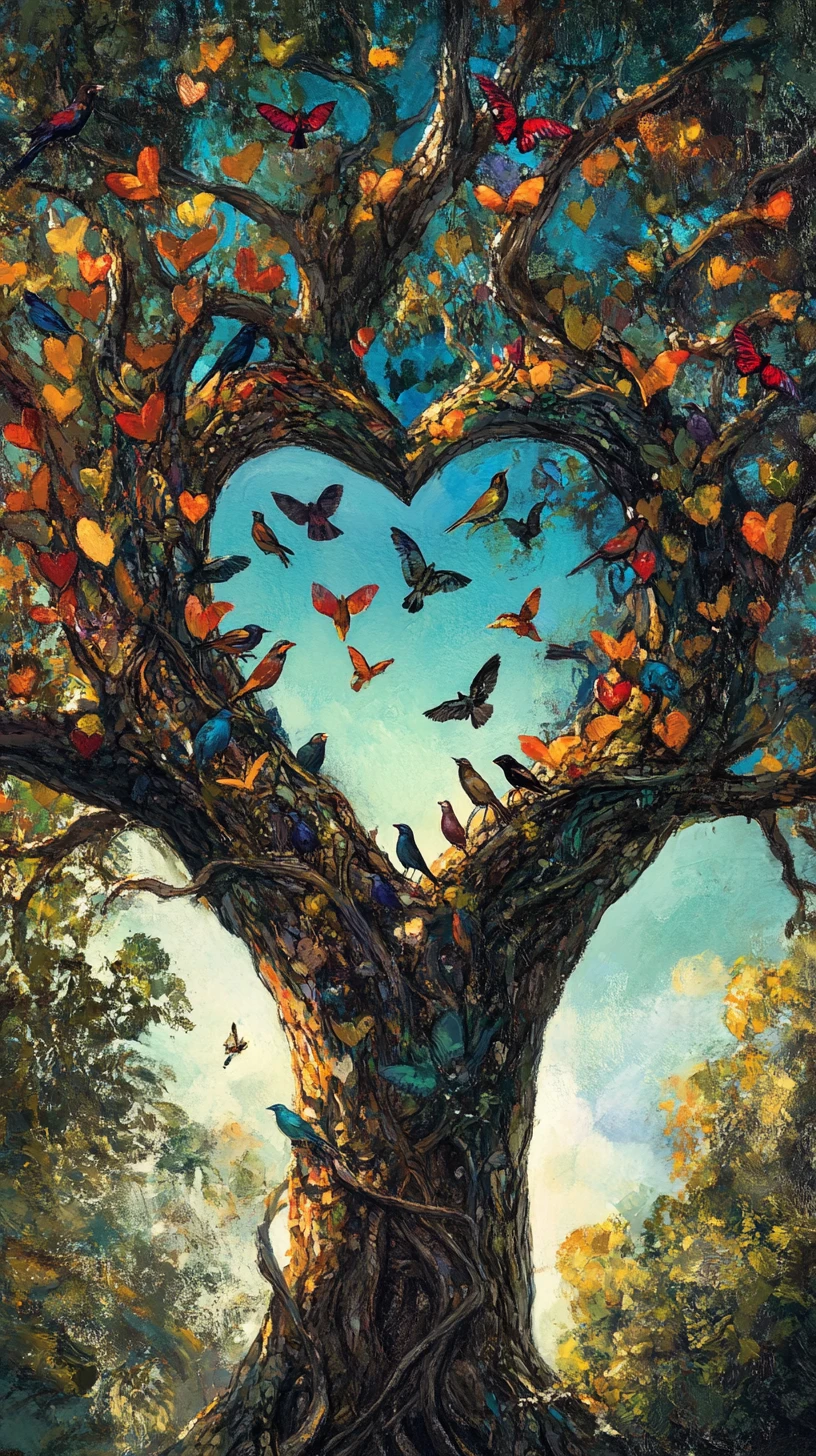 Majestic old oak tree filled with resting colorful birds