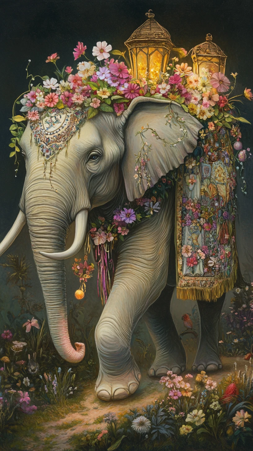 Gentle elephant carrying a blooming blanket of woodland gifts