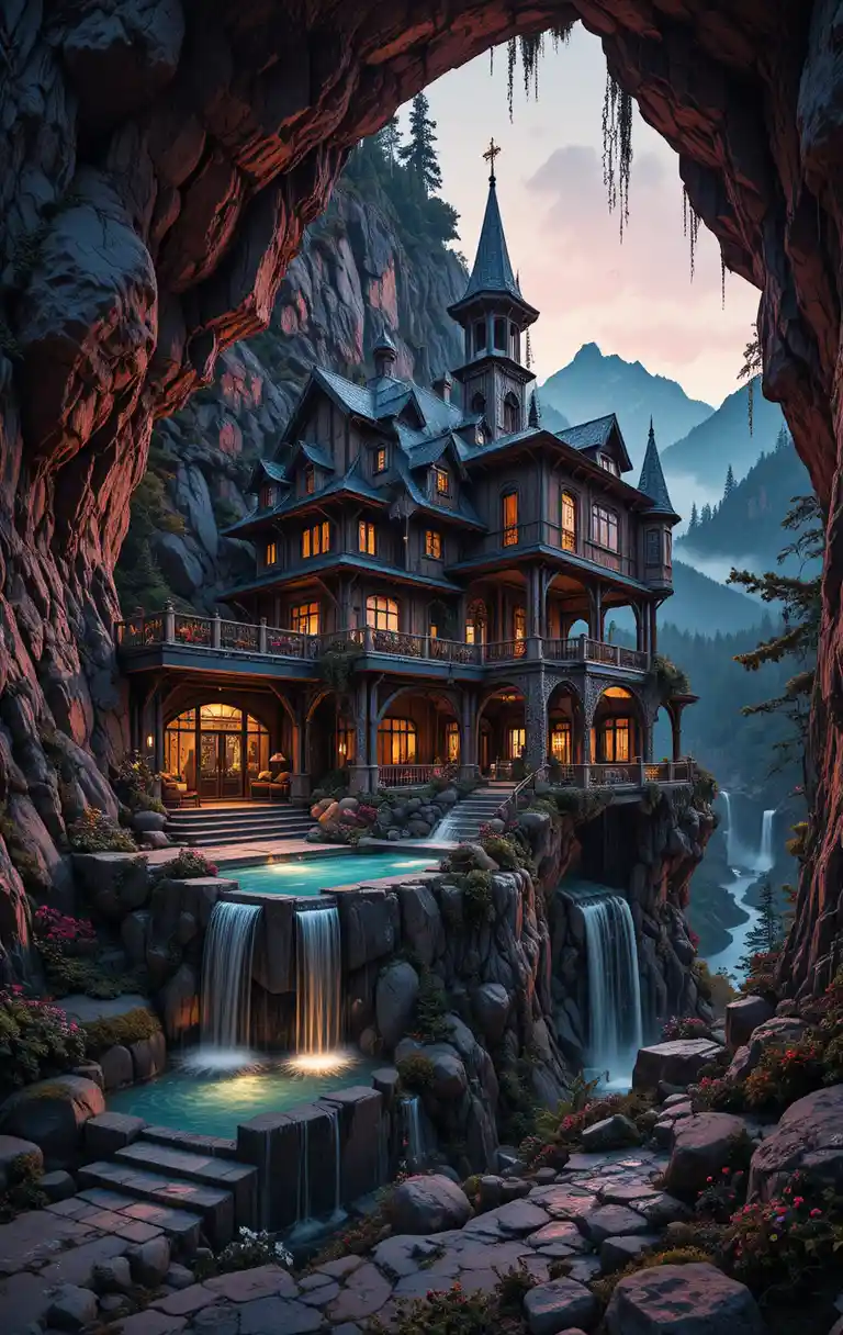 Maison de montagne fantastique avec piscines en cascade sur la falaise