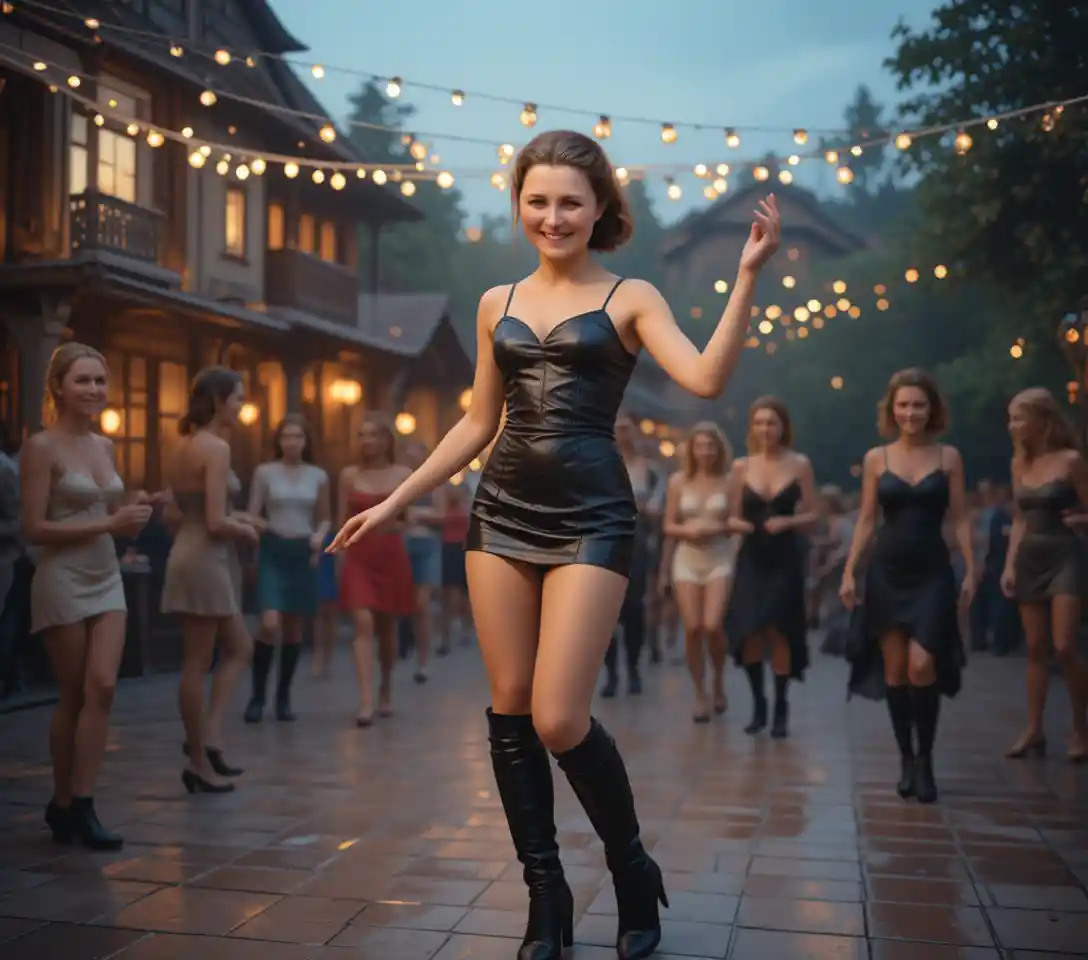 Woman in black leather dress dancing on terrace