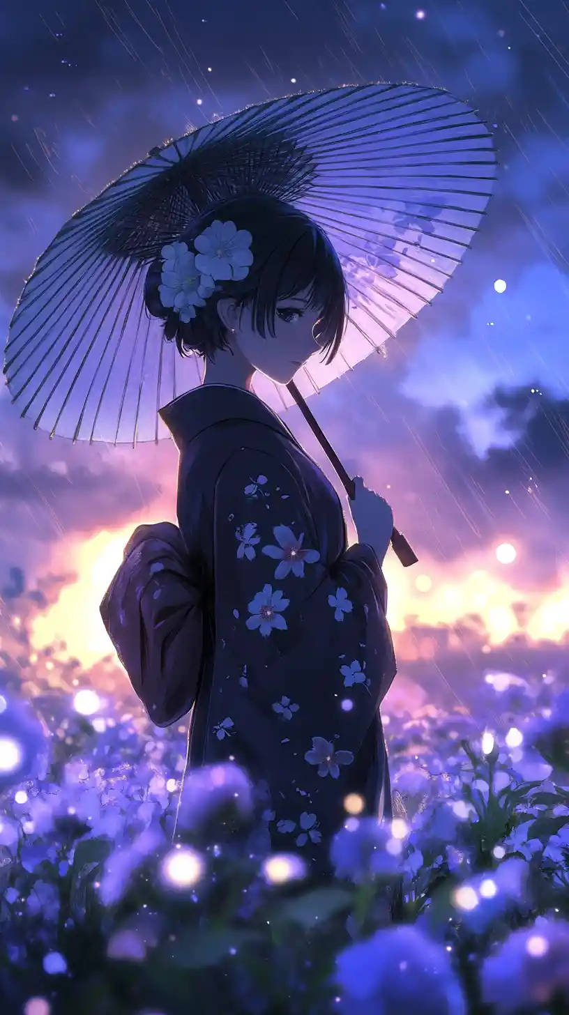 Anime girl in kimono under a glowing flower sky