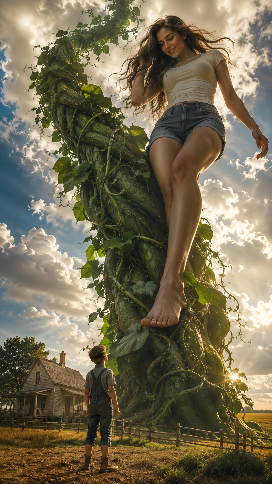 Giant woman descending a beanstalk above a Kansas farmhouse