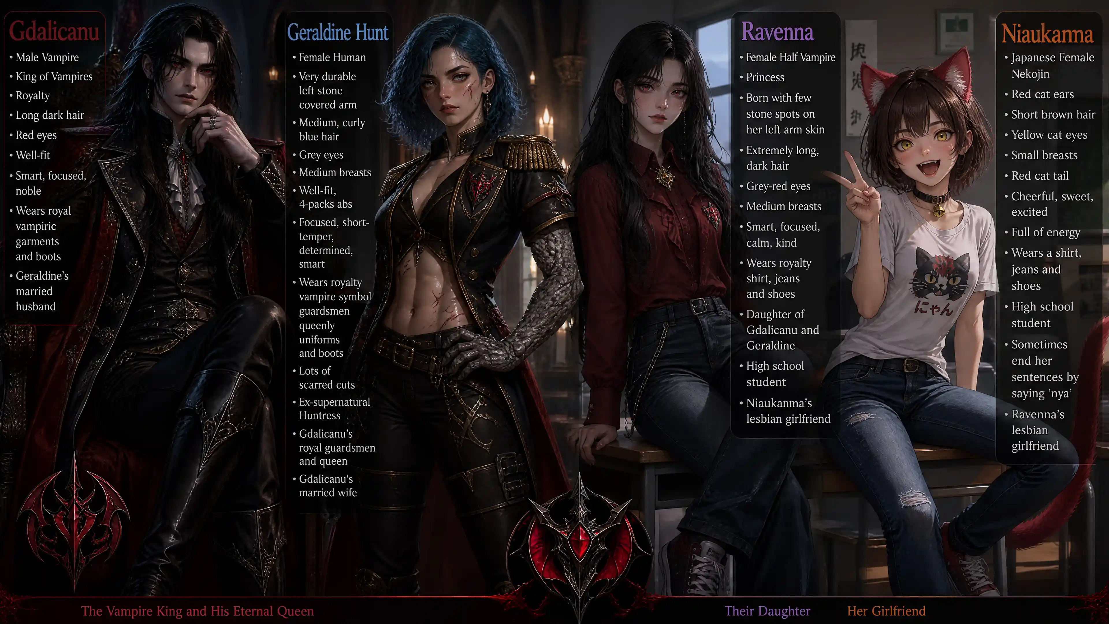 Vampire queen with stone arm in royal dark attire