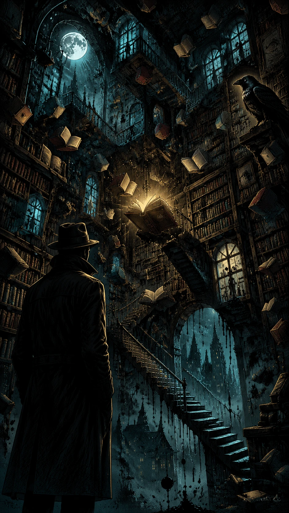 Floating books in an endless surreal library with moonlight