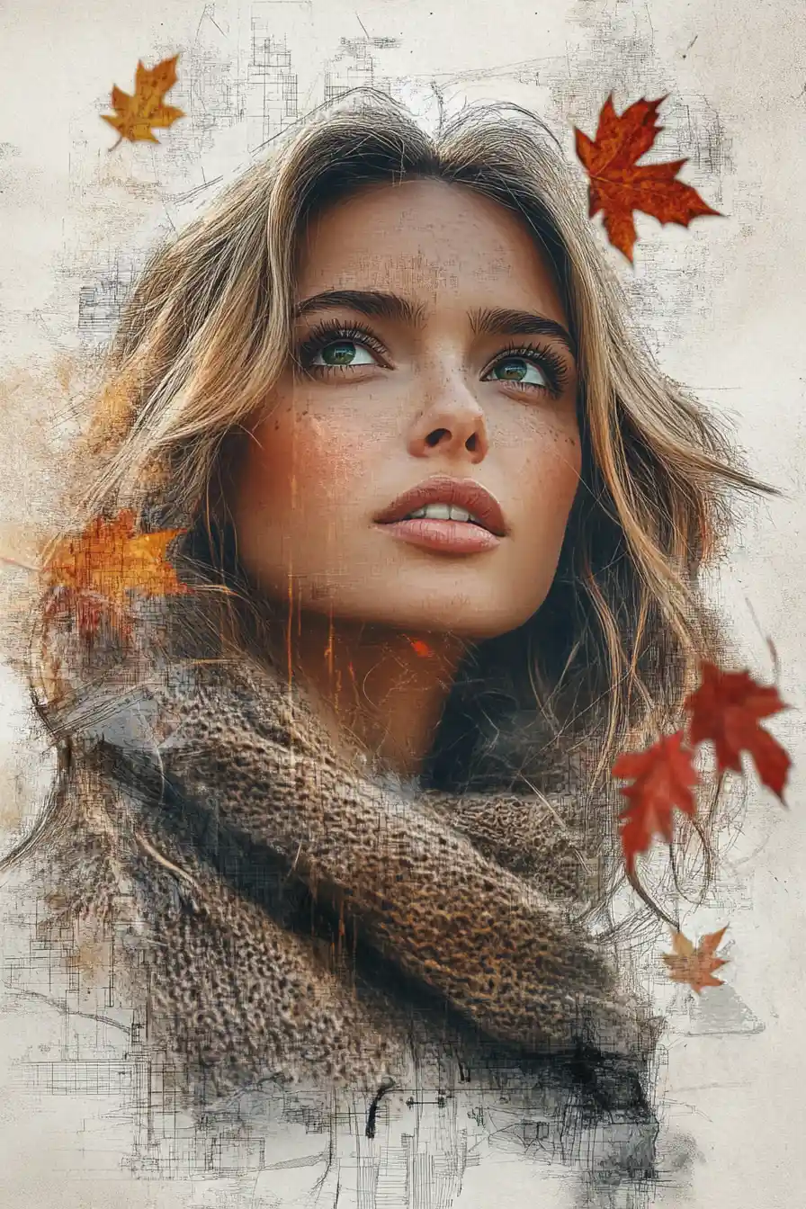 Ritratto artistico di una donna con foglie autunnali e texture