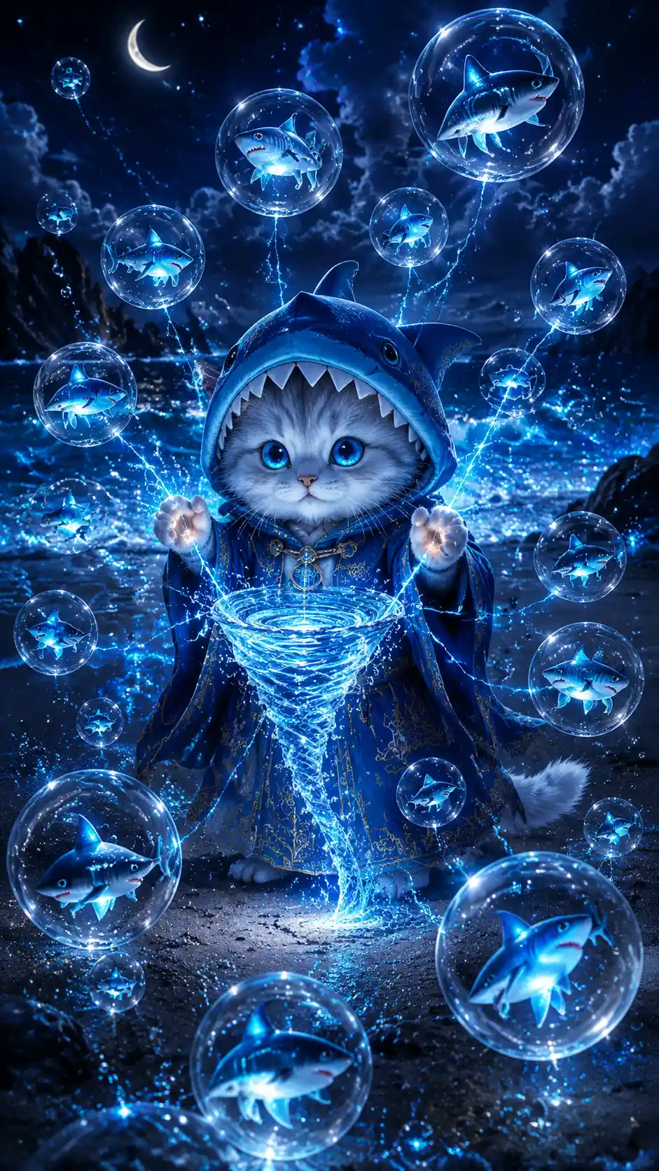 Chubby anime kitten mage on a midnight glowing beach