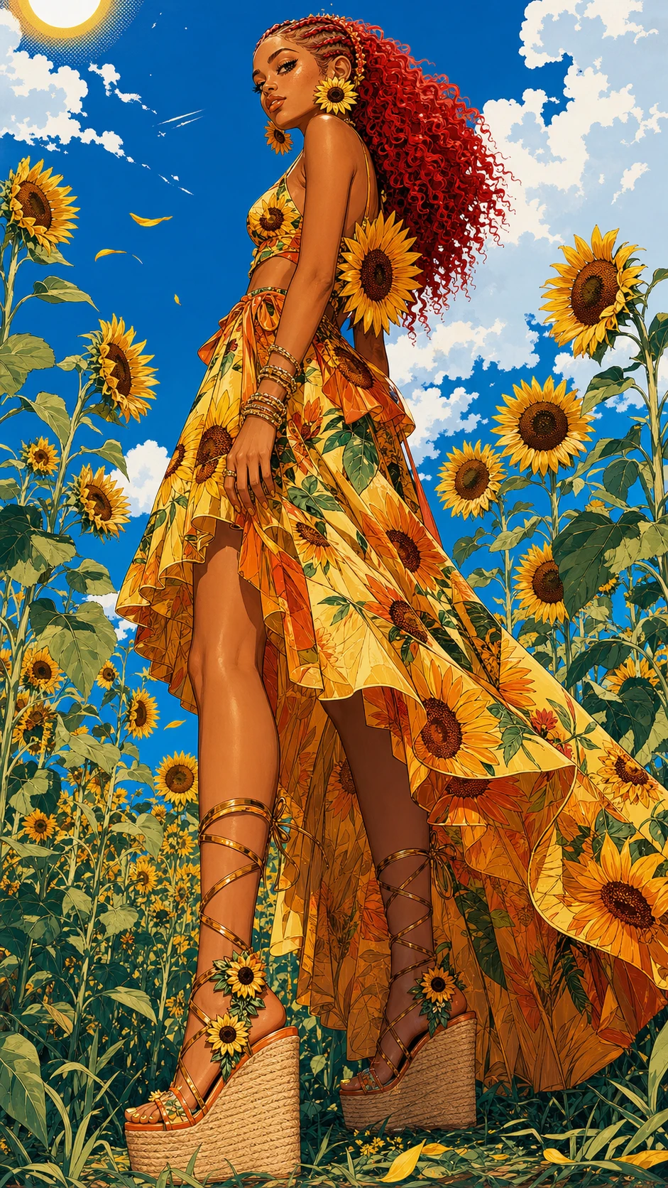 Mujer pelirroja y a la moda en un campo de girasoles