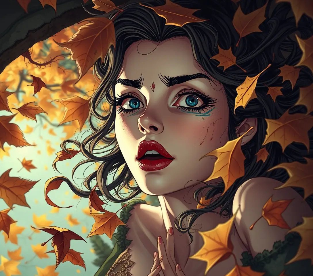 Surreal woman falling through an eerie autumn dreamscape