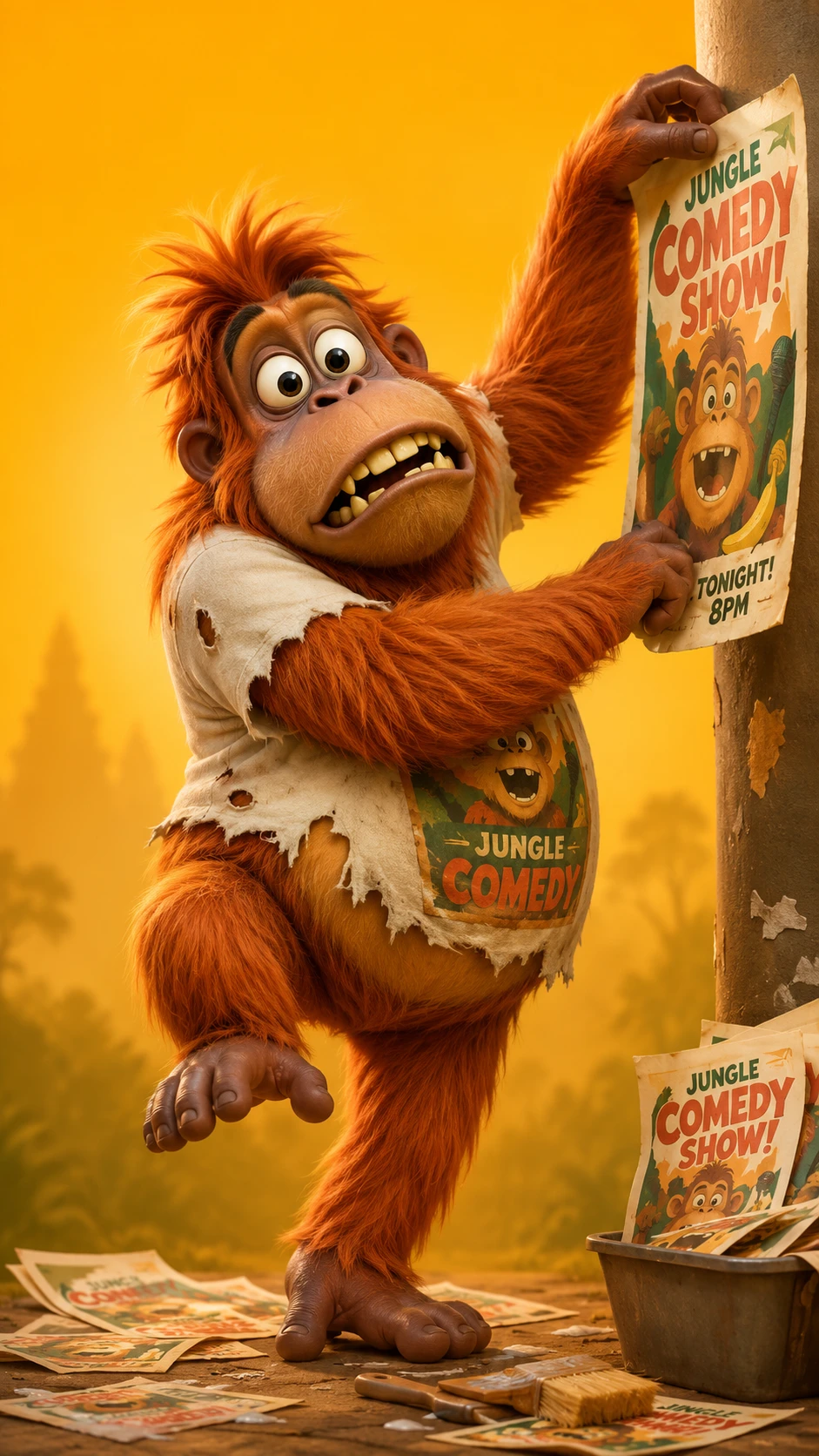 Orangután juguetón pegando pósters en ilustración 3D