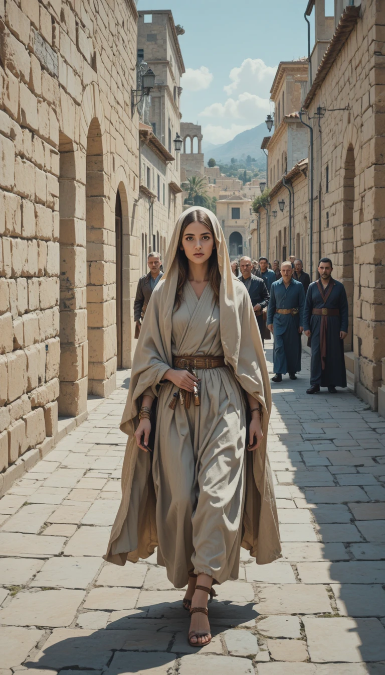Woman walking quietly through a narrow street in ancient Jerusalem