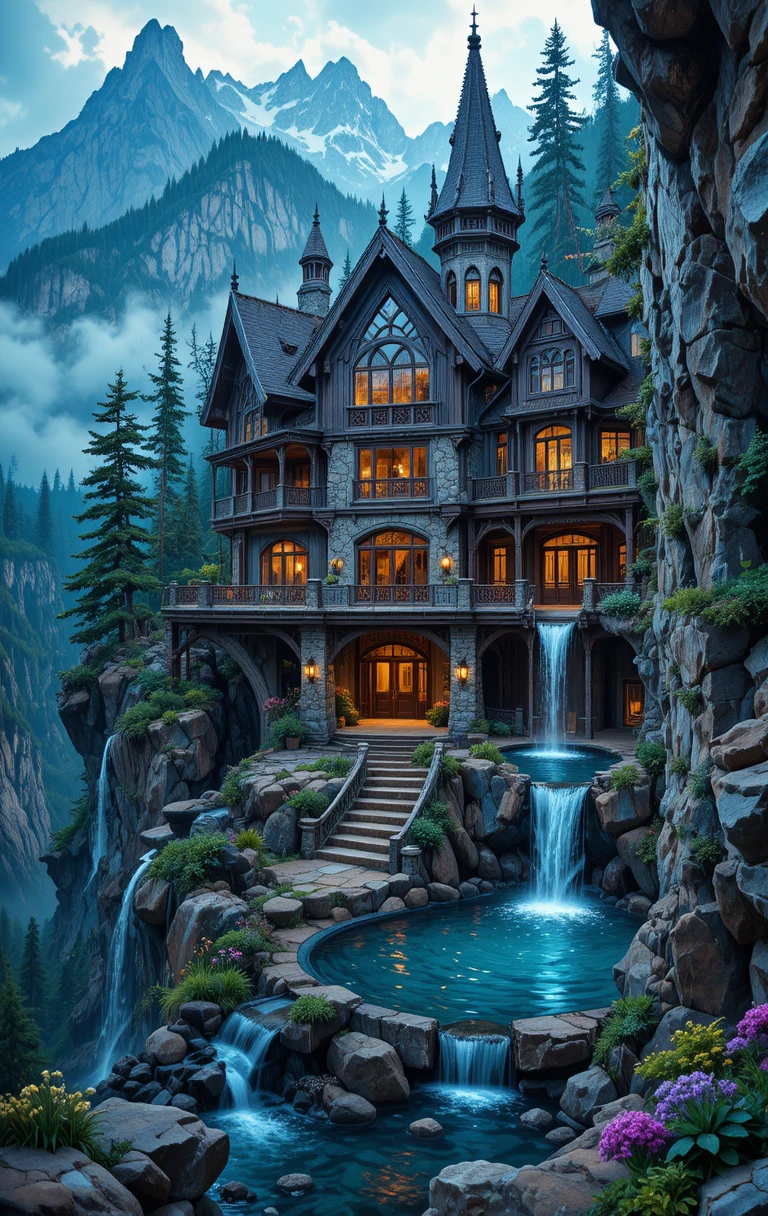 Fantasy mountain house with cascading cliffside pools