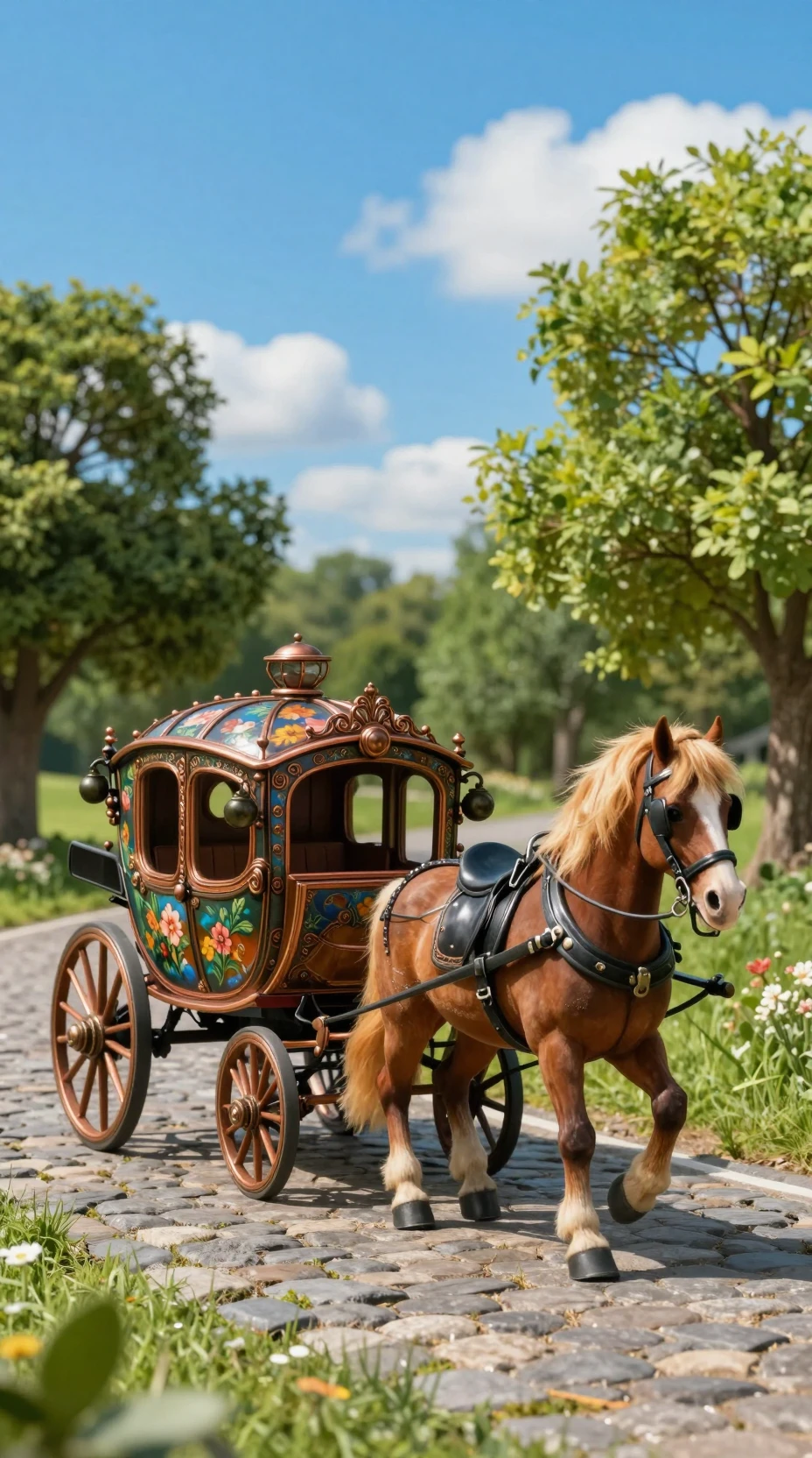 石畳の道を行く幻想的な小さな木の馬車