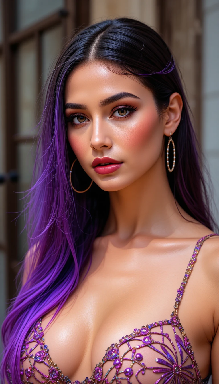 Confident woman with purple tipped hair on a city street