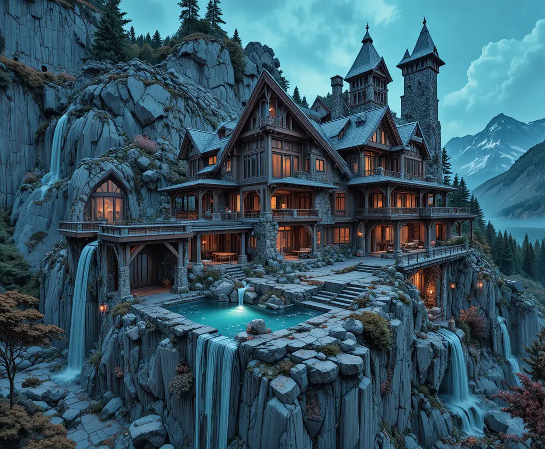 Casa de fantasía en la montaña con piscinas en cascada en el acantilado