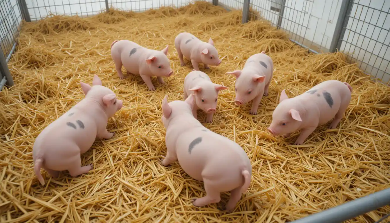 Six pink piglets resting and exploring in a straw pen