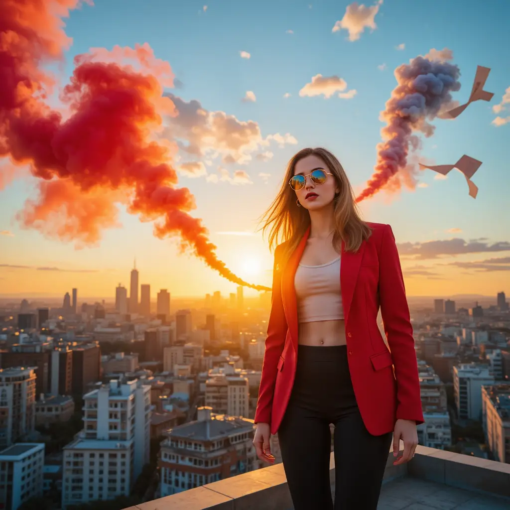 Frau auf einer Stadtdachterrasse bei Sonnenaufgang mit farbigem Rauch