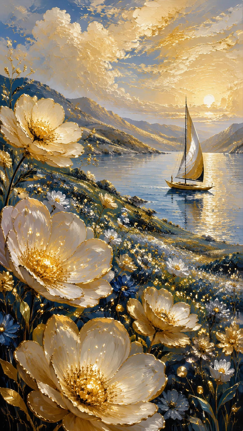 Colinas Fantásticas Serenas con Flores Brillantes y Velero