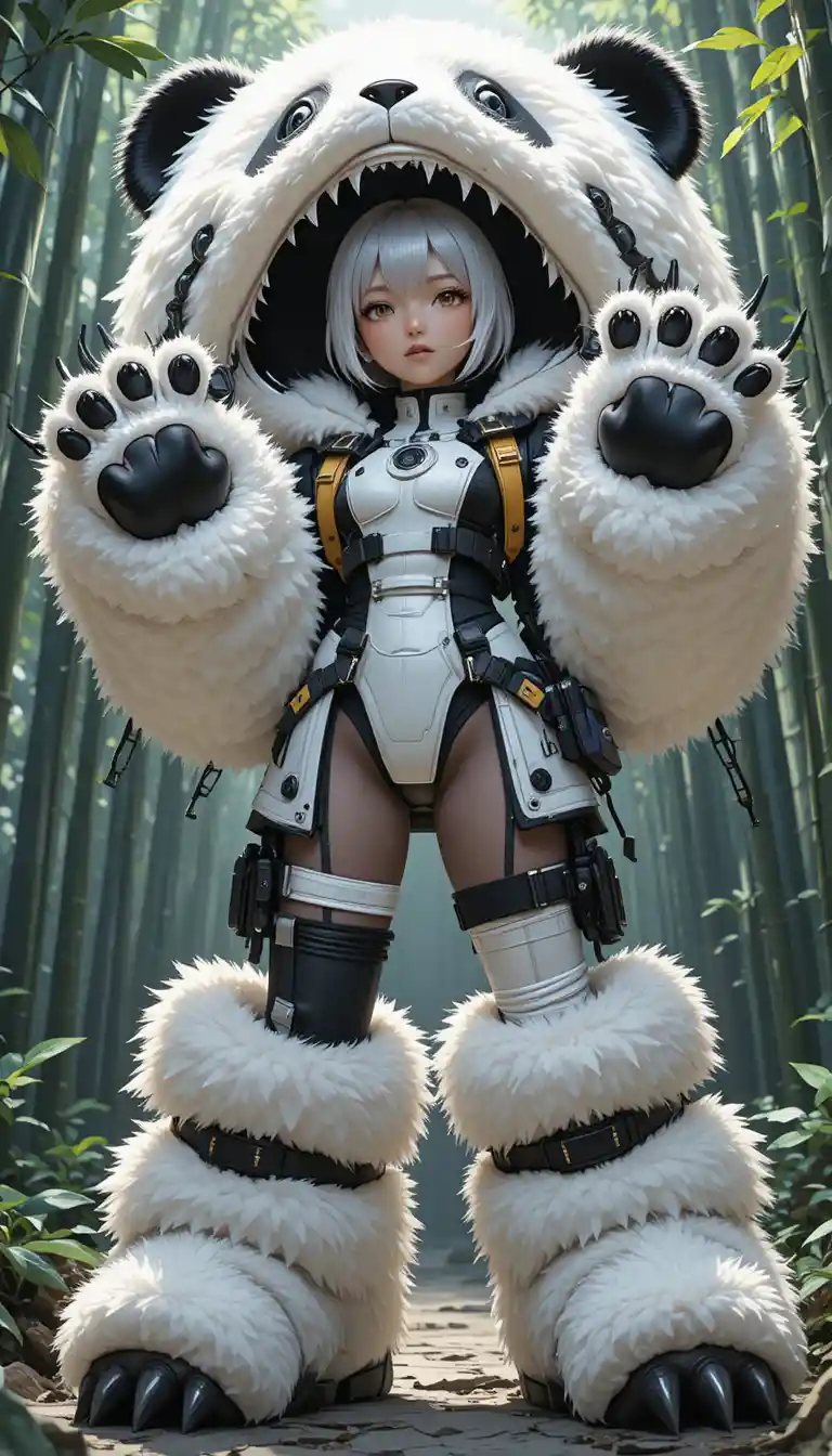 Anime girl in panda costume in a bamboo forest