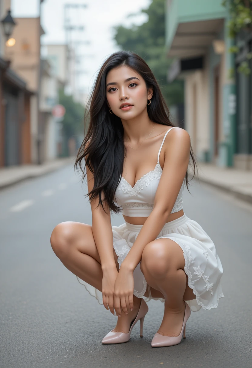 Latina woman squatting in a city street in white pleated skirt