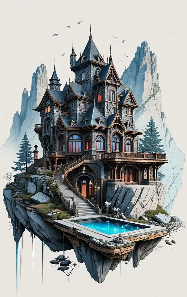 Fantasy mountain castle carved into a rugged cliffside