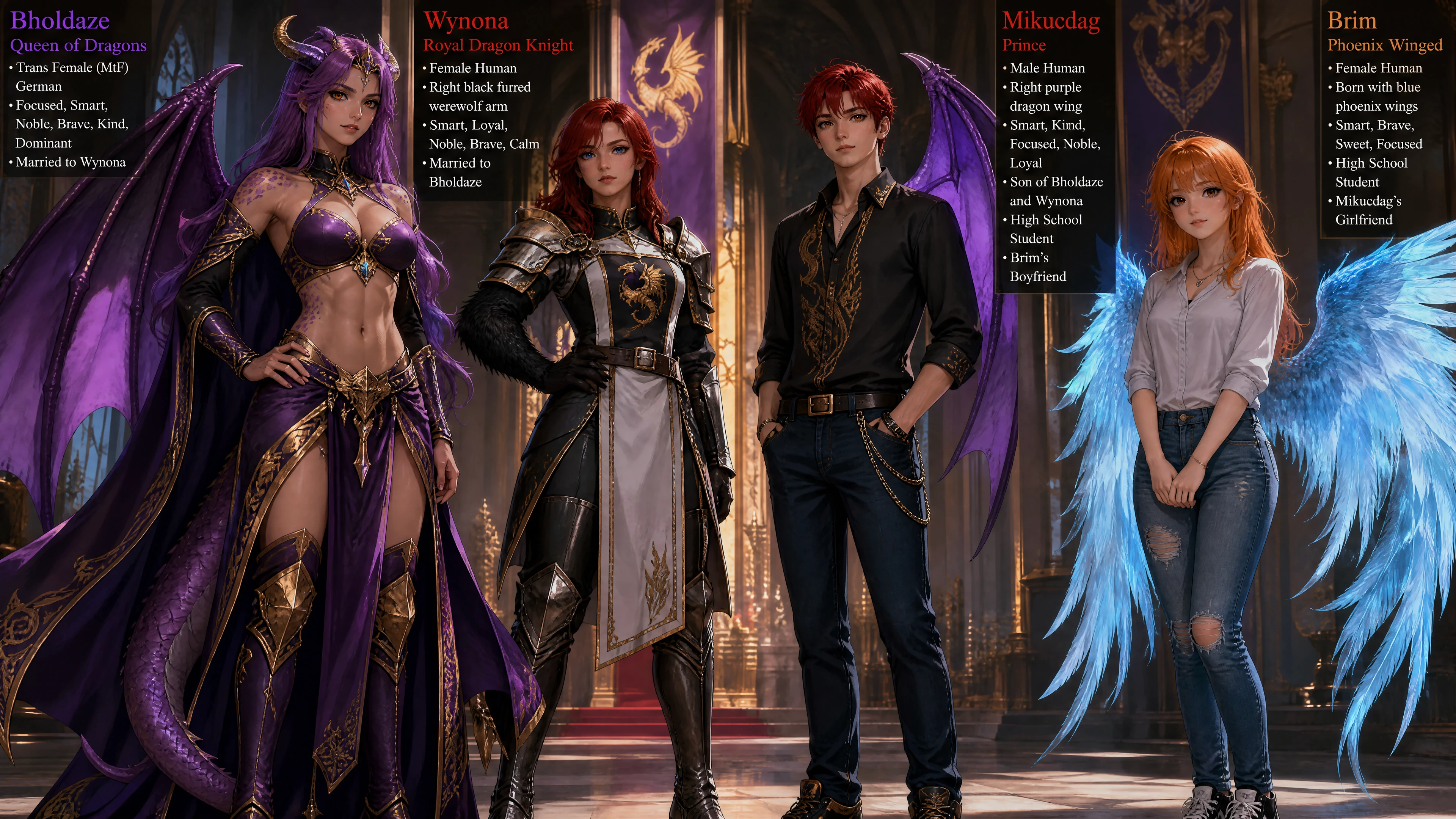 Regal dragon queen with purple wings and royal garments