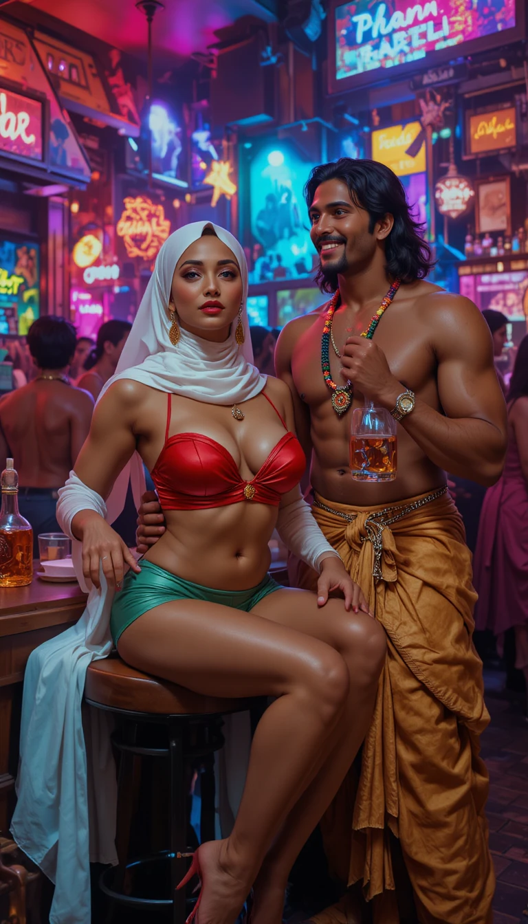 Elegant woman in hijab relaxing at a colorful bar