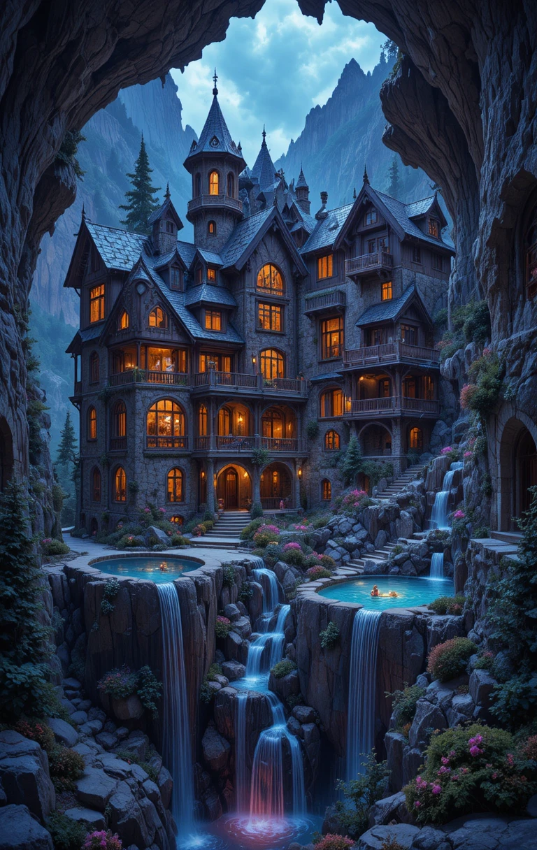 Fantasy mountain castle retreat with cascading water pools