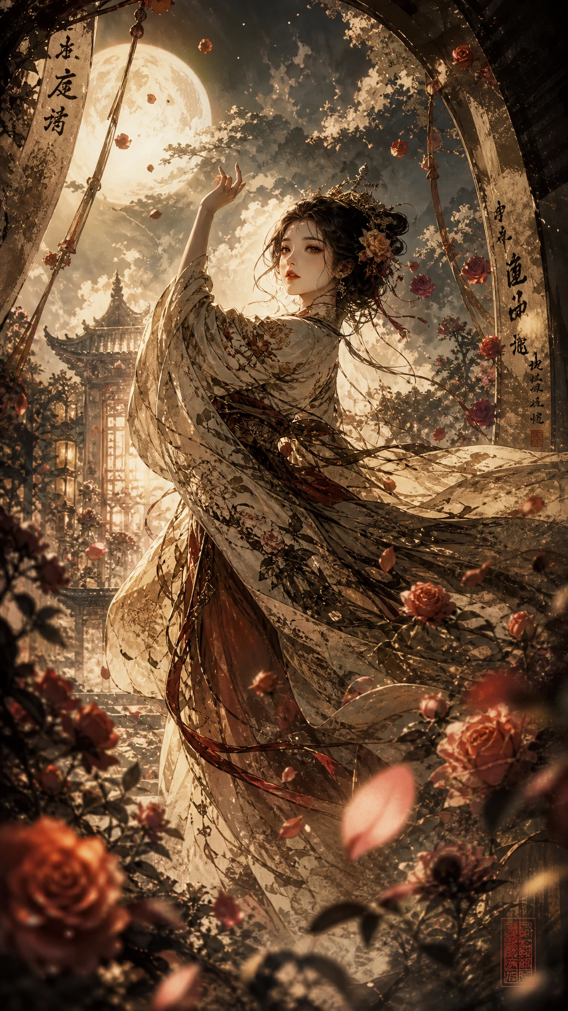 Moonlit traditional woman in a sacred fantasy garden