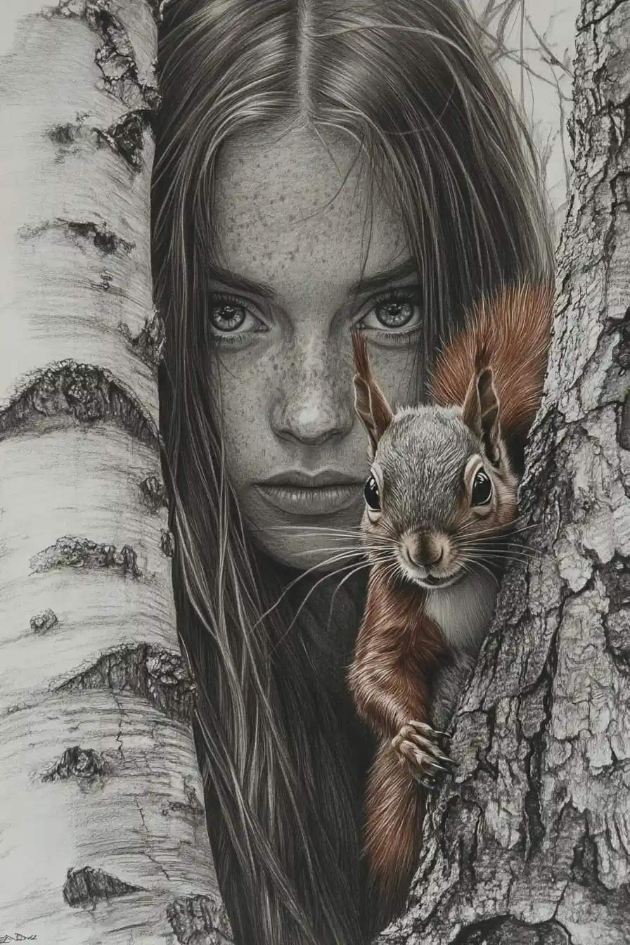 Low angle pencil portrait of a woman behind birch tree