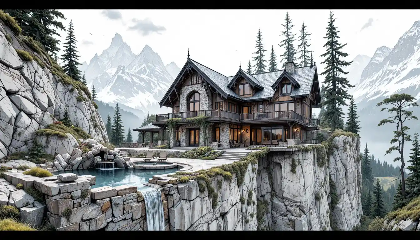 Fantasy mountain house with cascading cliffside pools