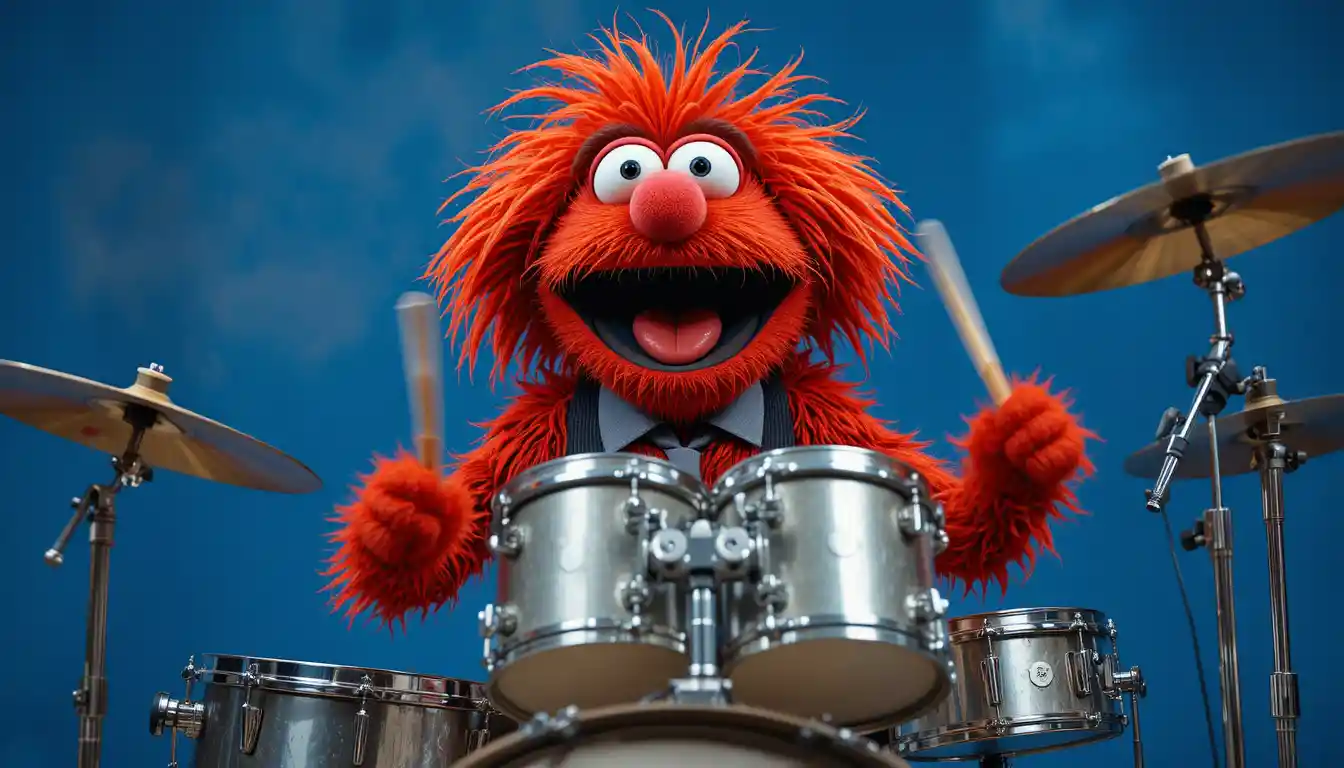 Wild red puppet drummer rocking a silver drum kit