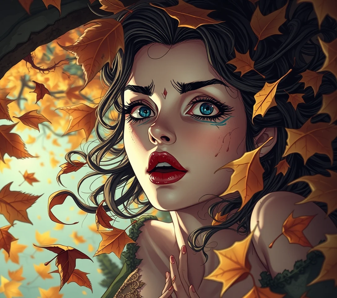 Surreal woman falling through an eerie autumn dreamscape