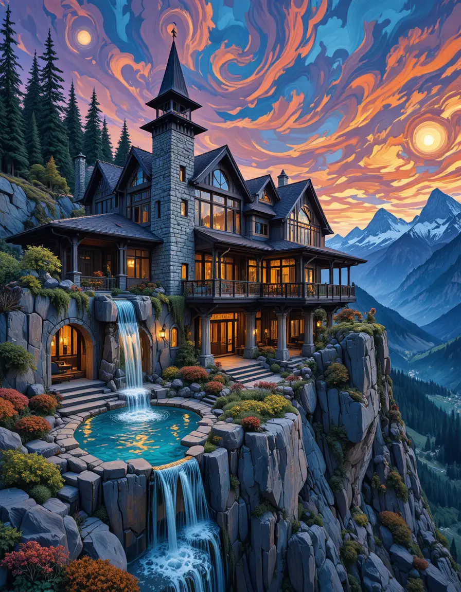 Fantasy mountain castle retreat with cascading cliffside pools