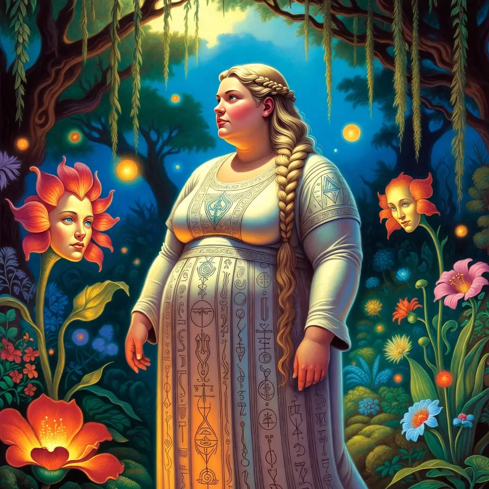 Donna formosa in un magico giardino fantasy