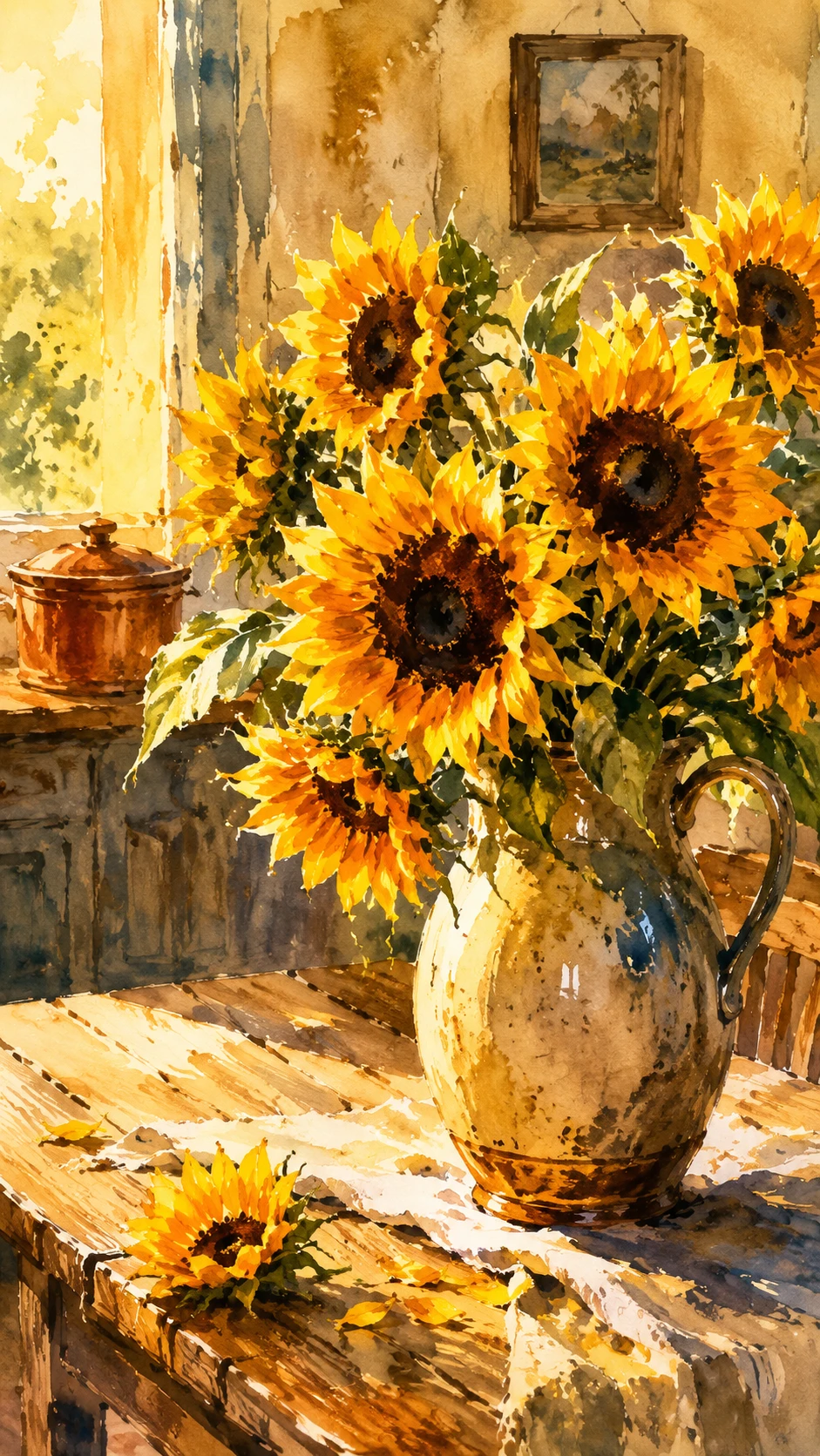 Girasoles en acuarela en un jarrón sobre mesa rústica de campo