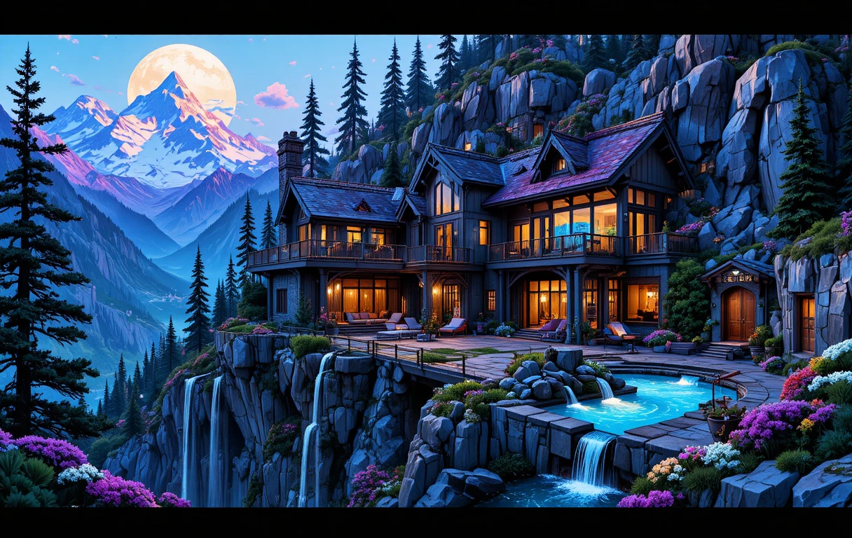Fantasy mountain house with cascading cliffside pools