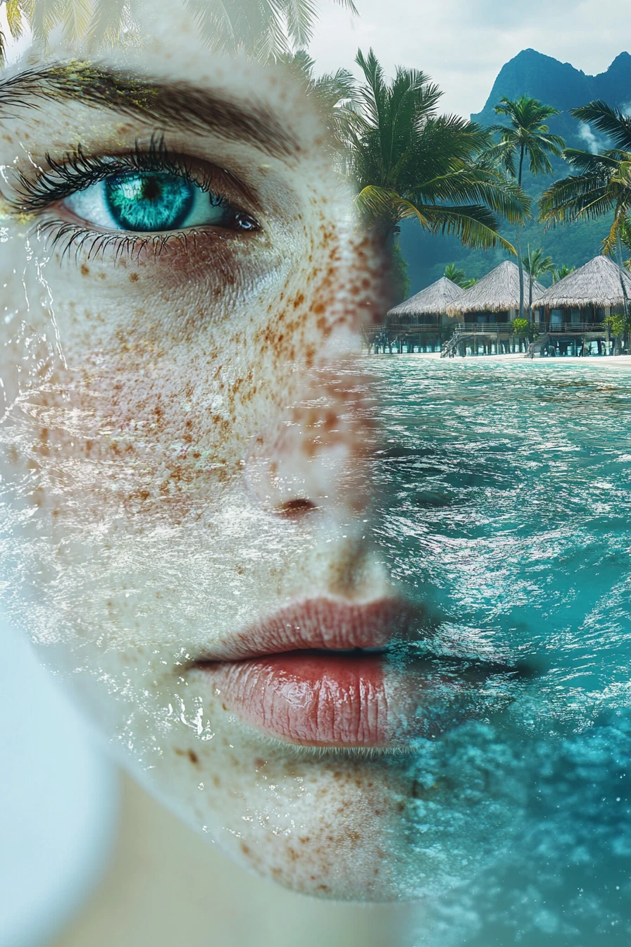 Surreal double exposure portrait of woman and tropical island