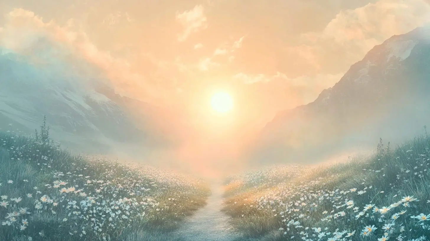 Sunrise light on a mountain path through wildflowers
