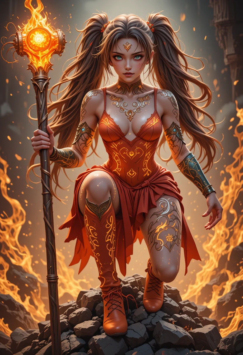 Giant warrior woman posing over flames with glowing runes
