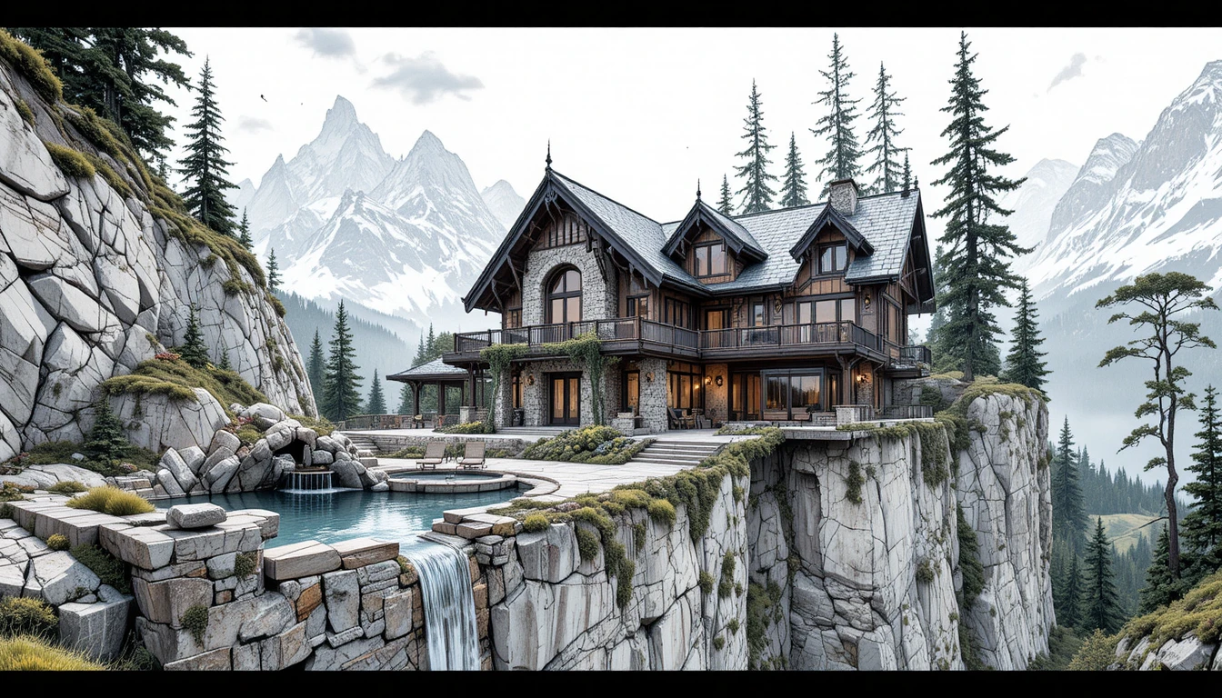 Fantasy mountain house with cascading cliffside pools