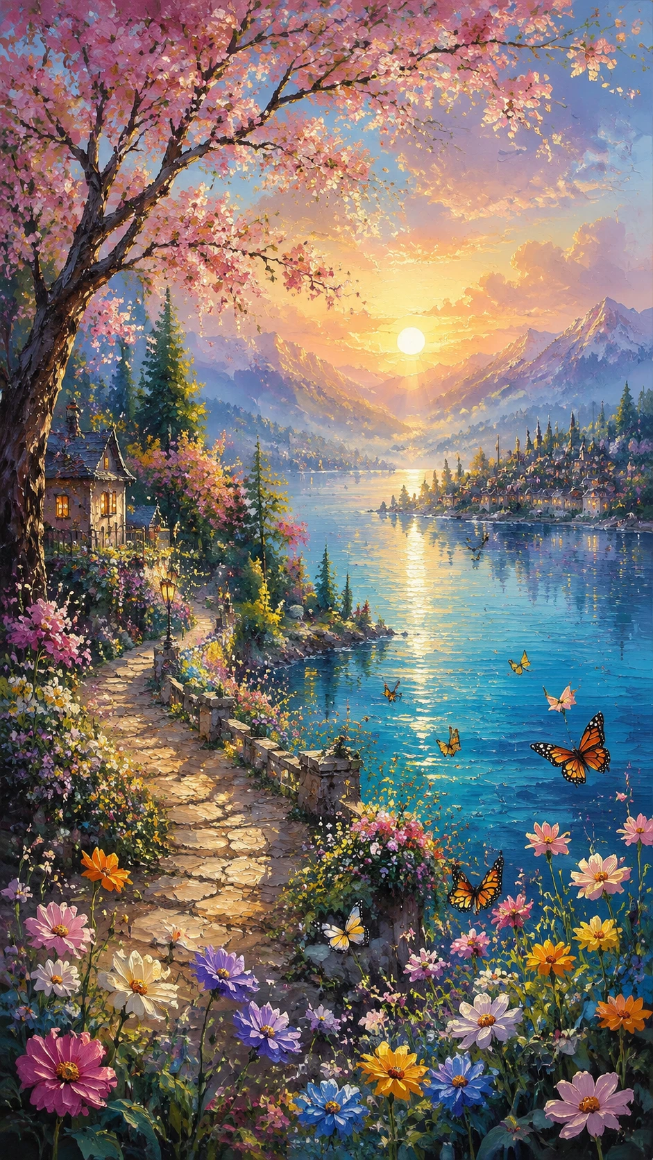 Dreamy spring sunrise over a tranquil blue lakeside