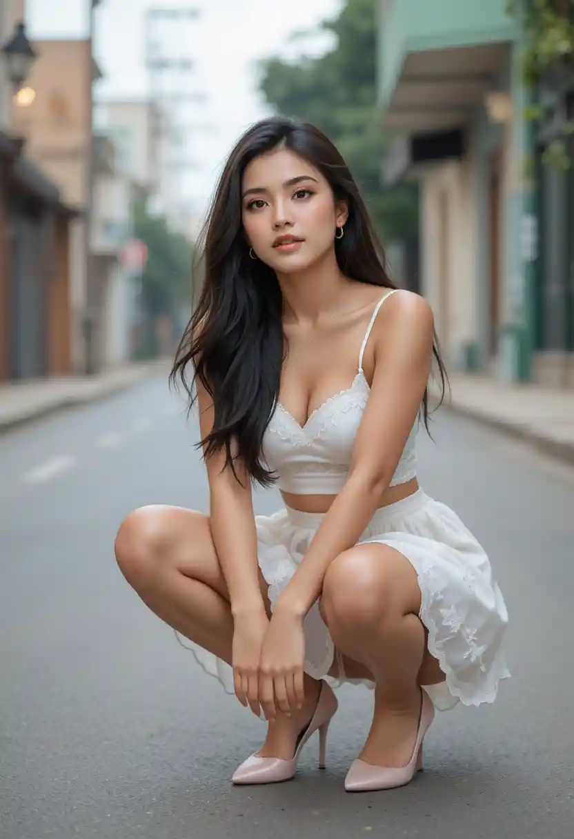 Latina woman squatting in a city street in white pleated skirt