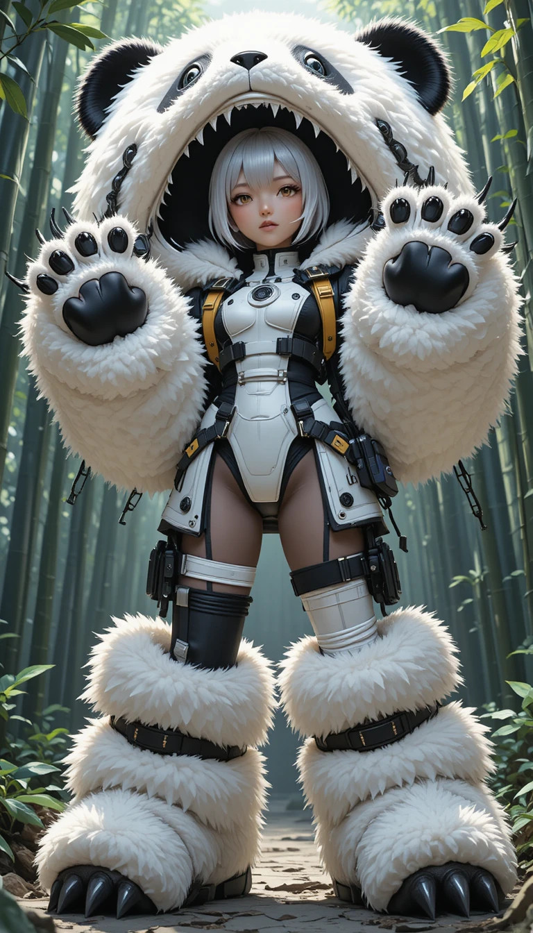 Anime-Mädchen im Panda-Kostüm im Bambuswald