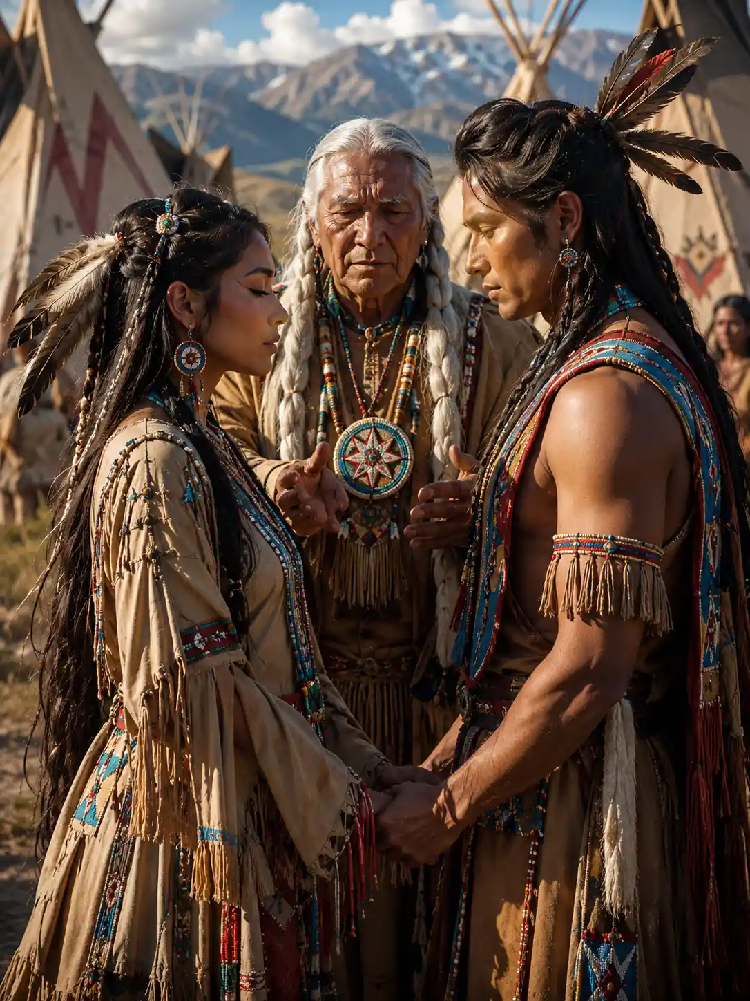 Native American couple wedding ritual before tribal chief