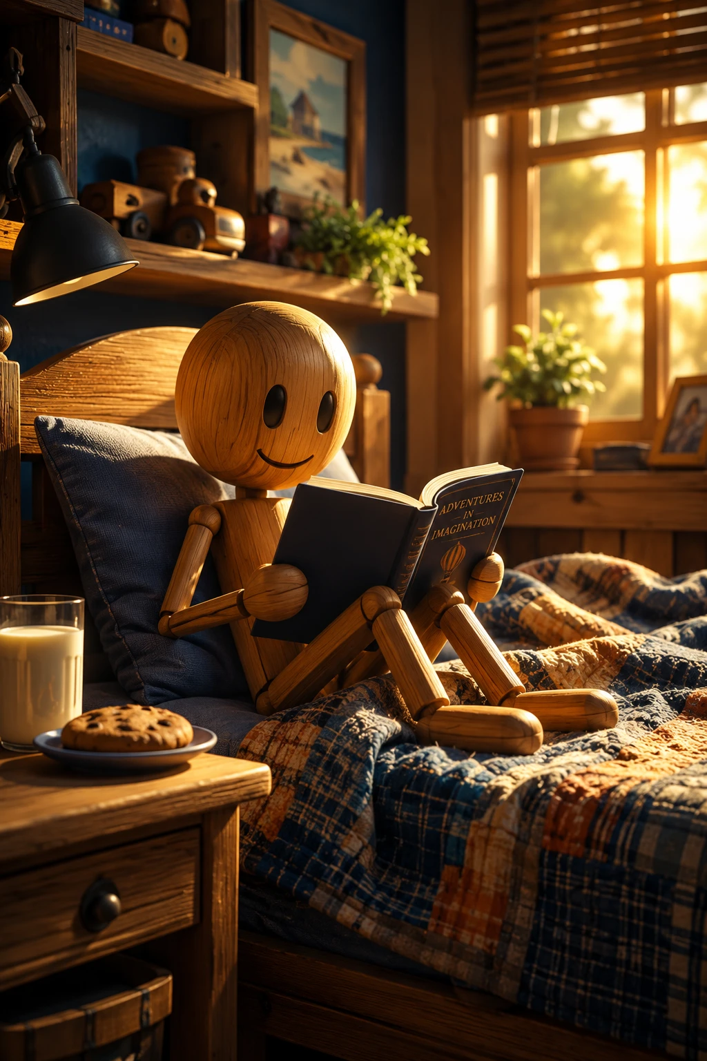 Wooden figure reading a book in cozy sunlit bed