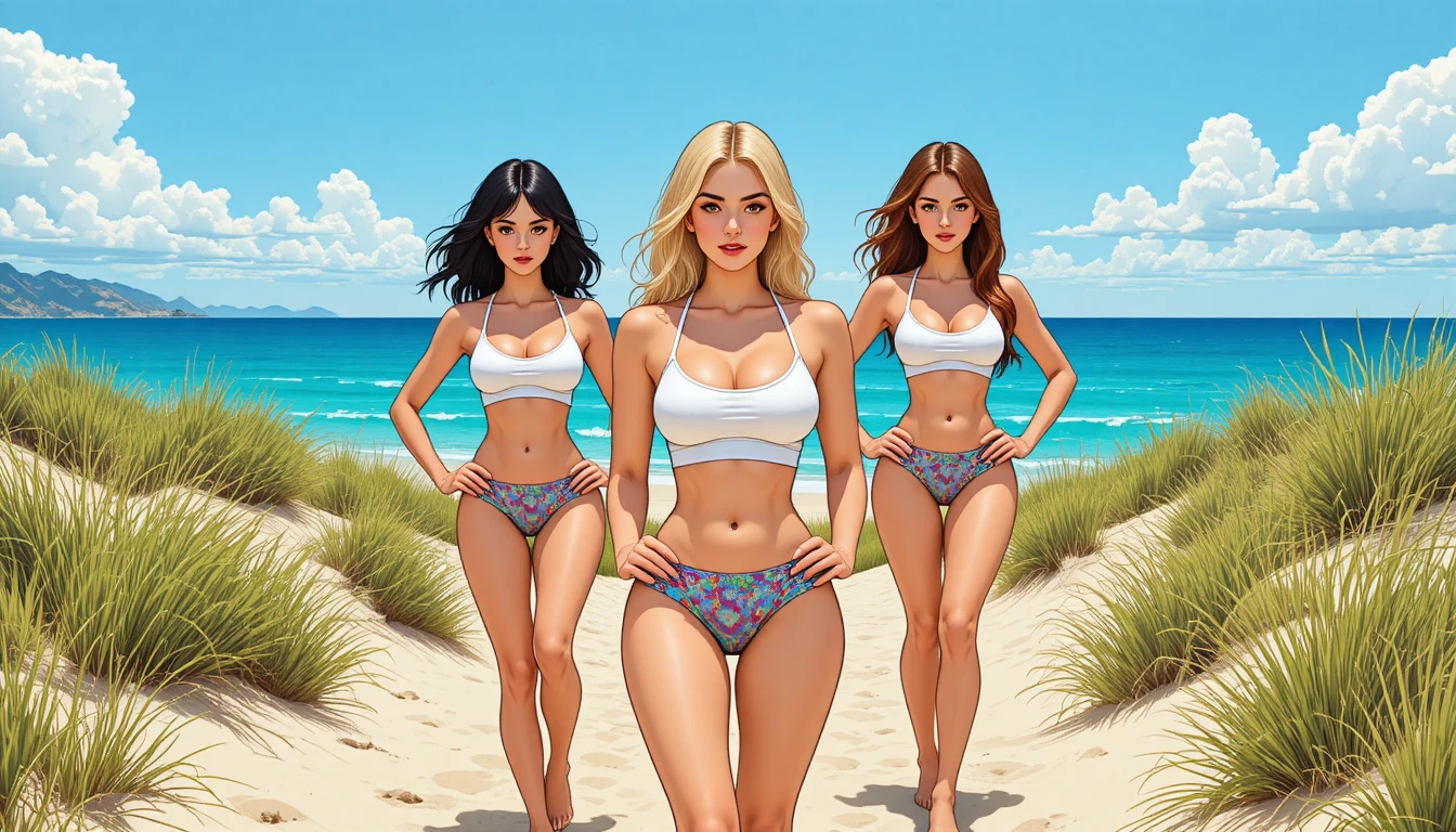 Three athletic women on a sunny beach sand path